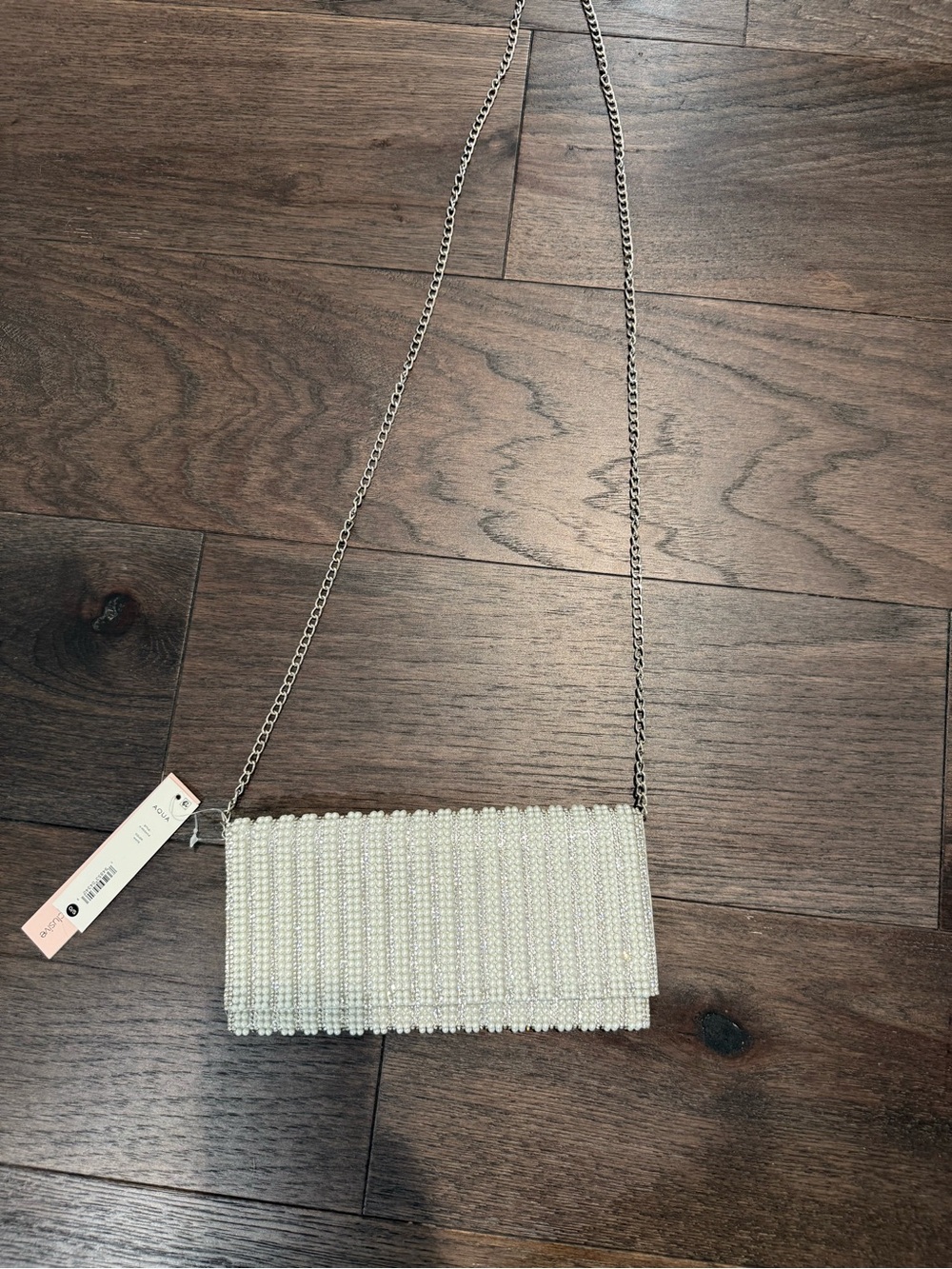 Aqua White Beaded Evening Clutch with Chain Strap